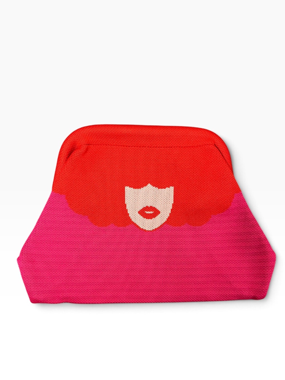 Graphic Red & Pink Knit Clutch with Face Motif